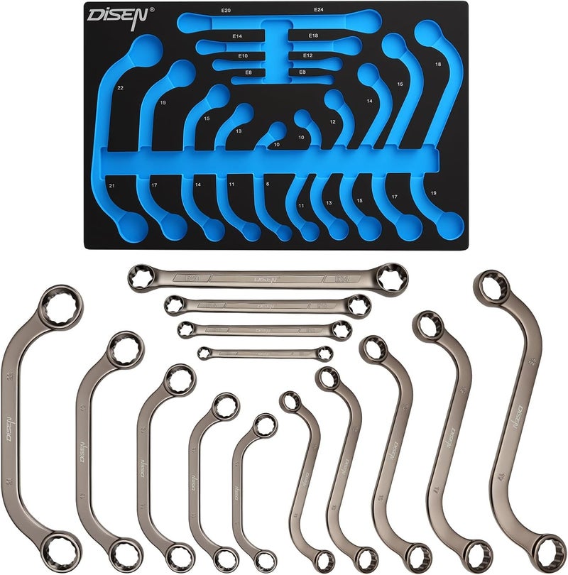 DISEN 14-Piece Half Moon&S-Style & E-Torx Wrench Set, CR-V, Wrench 5-Piece Half Moon Box Set Metric 8mm to 22mm,4-Piece E-Torx E6-E24,5-Piece S-Style Box 10-19mm,12 Point, EVA Foam Tool Organizer - Image 1